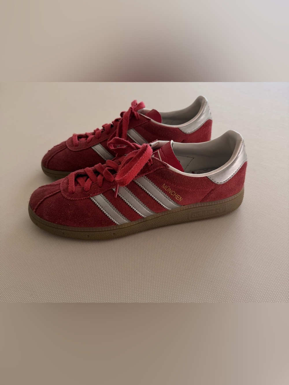 adidas München Suede Sneakers in Red with Silver Stripes